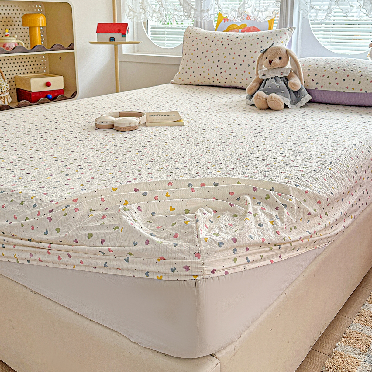 91家纺网 家纺一手货源 找家纺 悦织湾家纺 2026新款老粗布印花床单床笠床笠三两件套春秋学生宿舍单双人床笠 心心相印