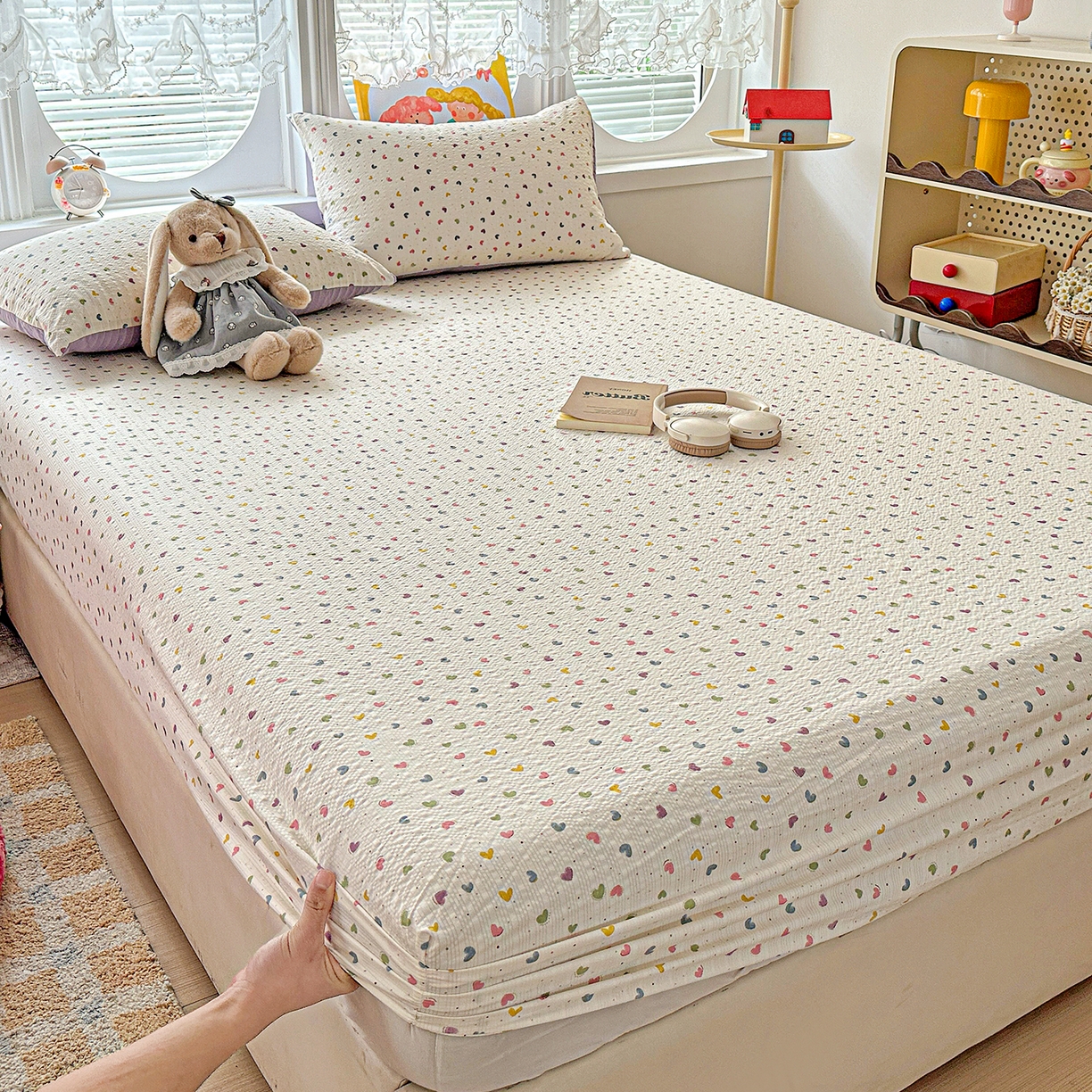 91家纺网 家纺一手货源 找家纺 悦织湾家纺 2026新款老粗布印花床单床笠床笠三两件套春秋学生宿舍单双人床笠 心心相印