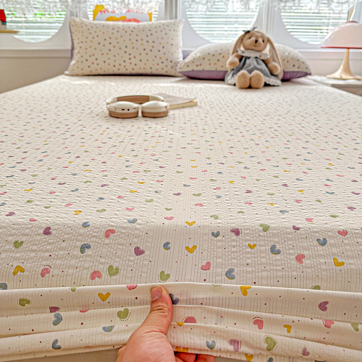 91家纺网 家纺一手货源 找家纺 悦织湾家纺 2026新款老粗布印花床单床笠床笠三两件套春秋学生宿舍单双人床笠 心心相印