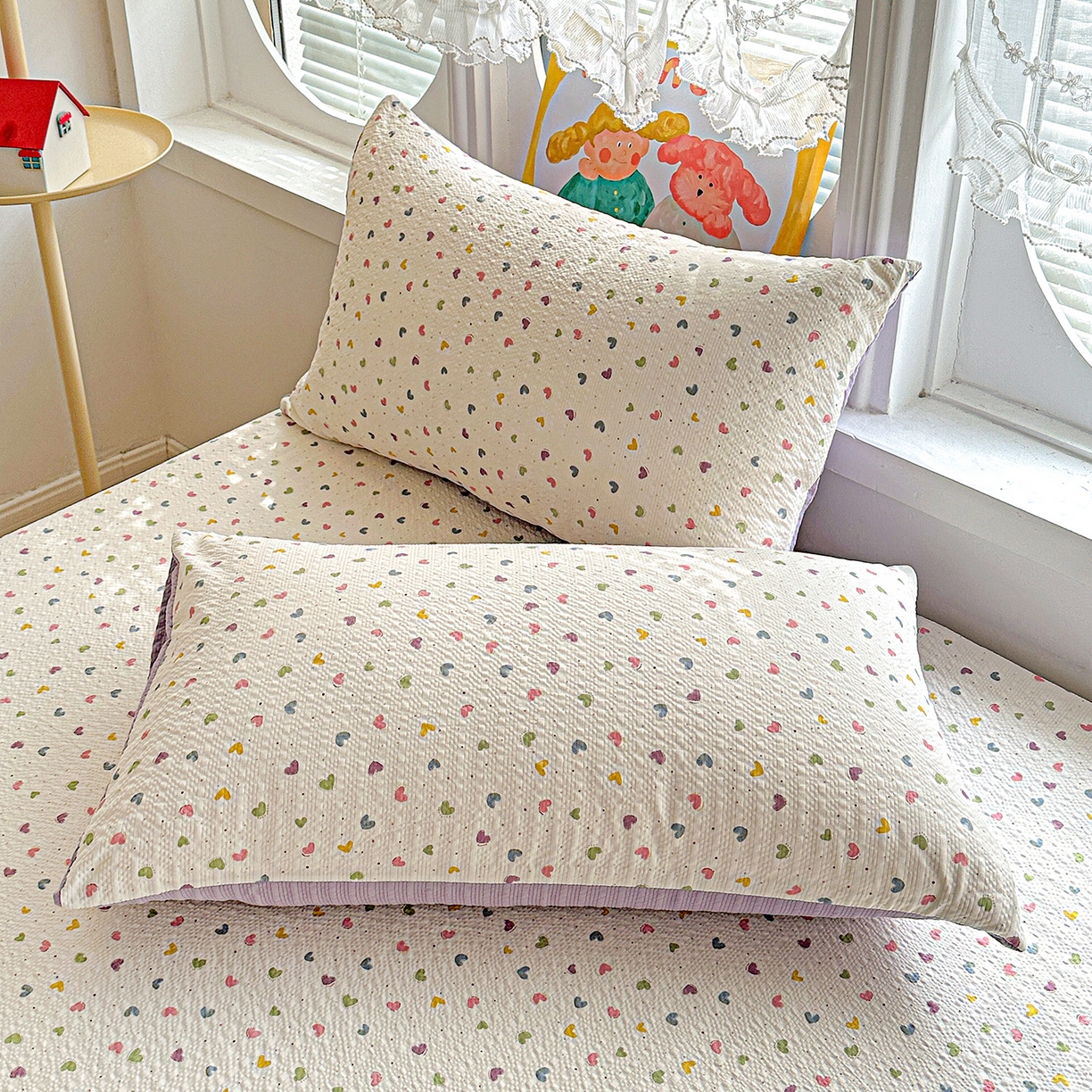 91家纺网 家纺一手货源 找家纺 悦织湾家纺 2026新款老粗布印花床单床笠床笠三两件套春秋学生宿舍单双人床笠 心心相印