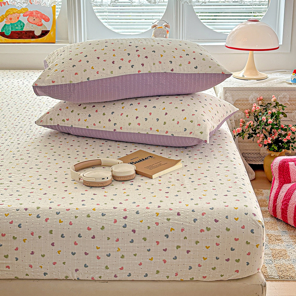 91家纺网 家纺一手货源 找家纺 悦织湾家纺 2026新款老粗布印花床单床笠床笠三两件套春秋学生宿舍单双人床笠 心心相印