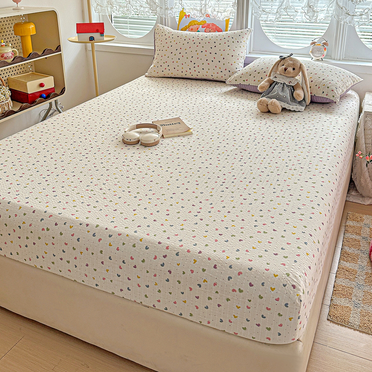 91家纺网 家纺一手货源 找家纺 悦织湾家纺 2026新款老粗布印花床单床笠床笠三两件套春秋学生宿舍单双人床笠 心心相印