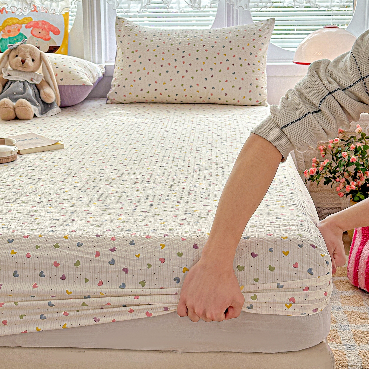 91家纺网 家纺一手货源 找家纺 悦织湾家纺 2026新款老粗布印花床单床笠床笠三两件套春秋学生宿舍单双人床笠 心心相印