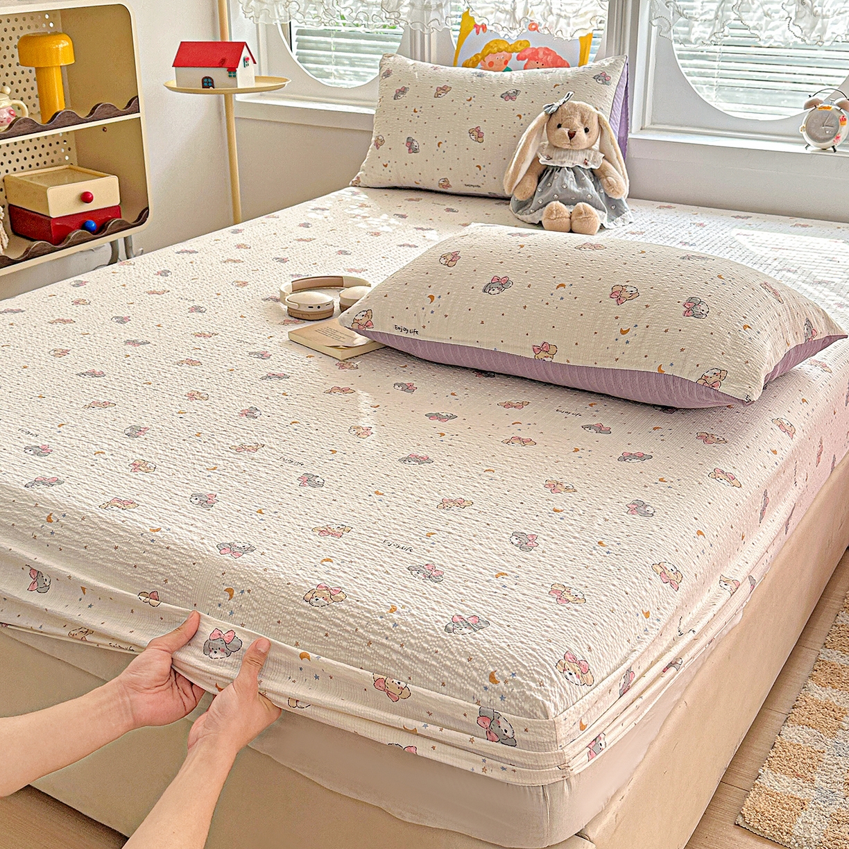 91家纺网 家纺一手货源 找家纺 悦织湾家纺 2026新款老粗布印花床单床笠床笠三两件套春秋学生宿舍单双人床笠 星空