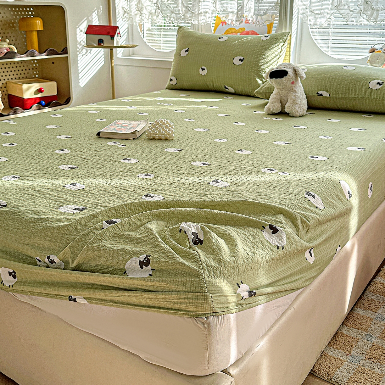 91家纺网 家纺一手货源 找家纺 悦织湾家纺 2026新款老粗布印花床单床笠床笠三两件套春秋学生宿舍单双人床笠 羊羊牧场