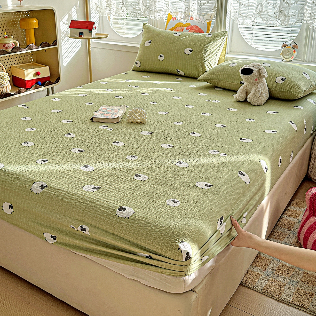 91家纺网 家纺一手货源 找家纺 悦织湾家纺 2026新款老粗布印花床单床笠床笠三两件套春秋学生宿舍单双人床笠 羊羊牧场