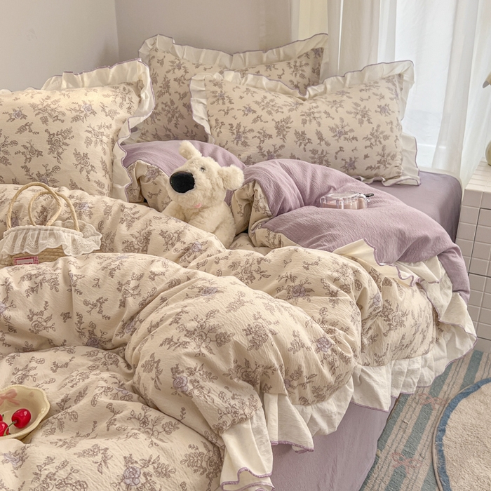 91家纺网 家纺一手货源 找家纺 （总）柒月家居 2026新款小清新木棉皱皱纱花边款四件套