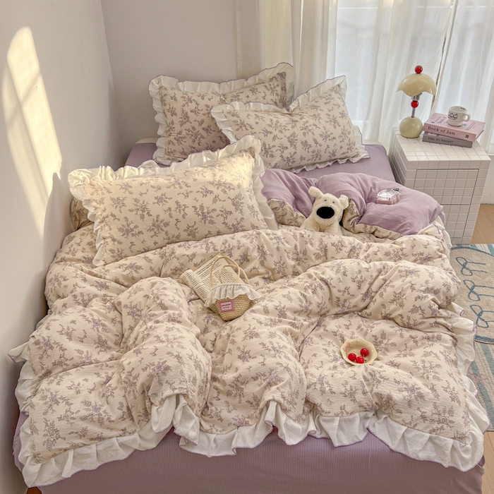 91家纺网 家纺一手货源 找家纺 （总）柒月家居 2026新款小清新木棉皱皱纱花边款四件套