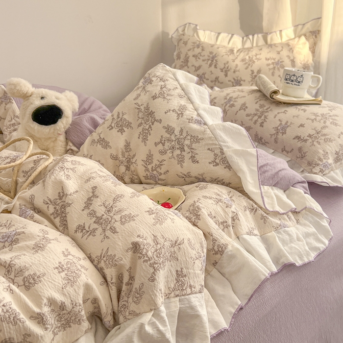 91家纺网 家纺一手货源 找家纺 （总）柒月家居 2026新款小清新木棉皱皱纱花边款四件套