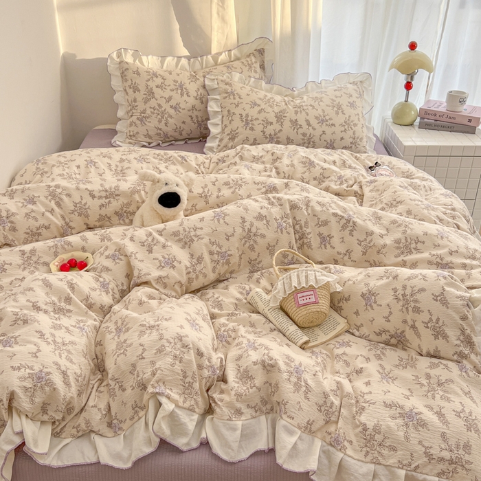 91家纺网 家纺一手货源 找家纺 （总）柒月家居 2026新款小清新木棉皱皱纱花边款四件套