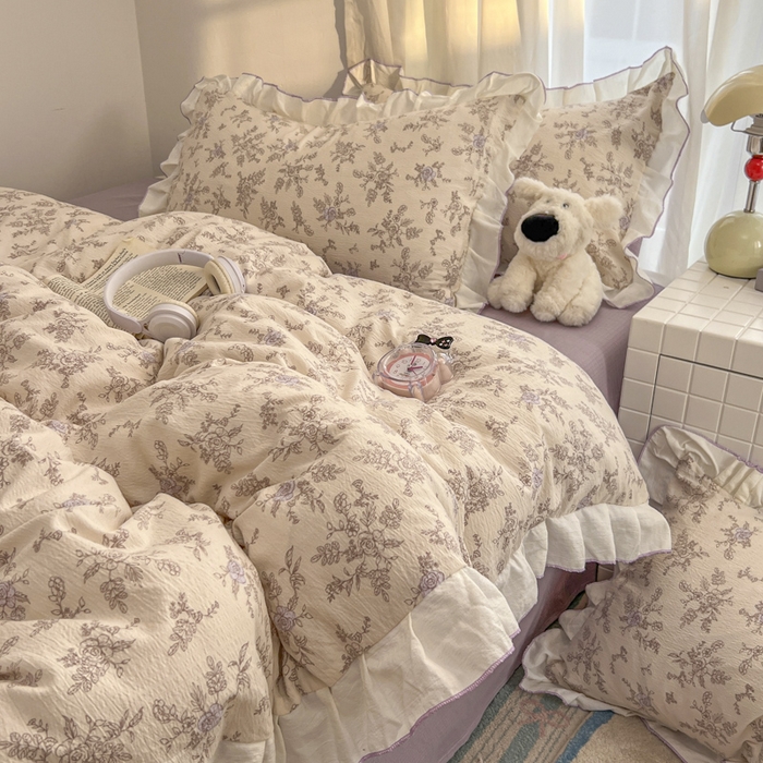 91家纺网 家纺一手货源 找家纺 （总）柒月家居 2026新款小清新木棉皱皱纱花边款四件套