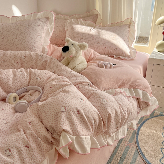 91家纺网 家纺一手货源 找家纺 （总）柒月家居 2026新款小清新木棉皱皱纱花边款四件套