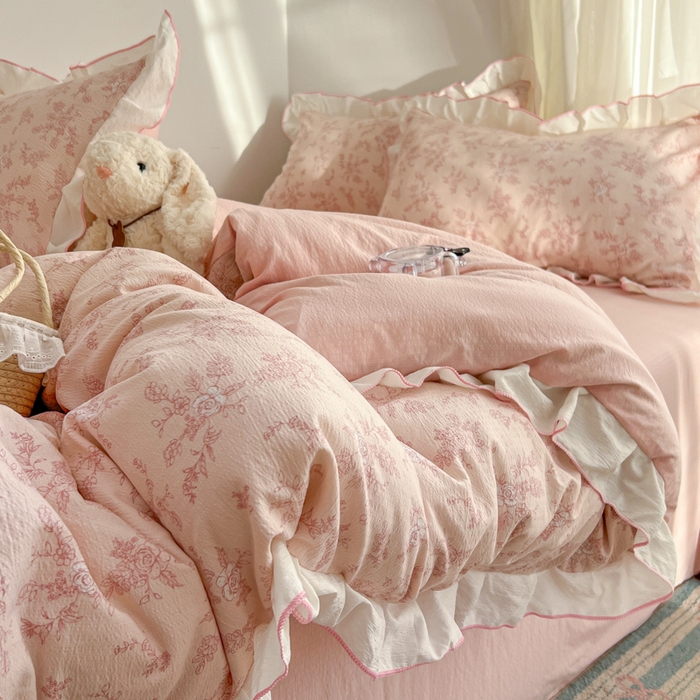 91家纺网 家纺一手货源 找家纺 （总）柒月家居 2026新款小清新木棉皱皱纱花边款四件套