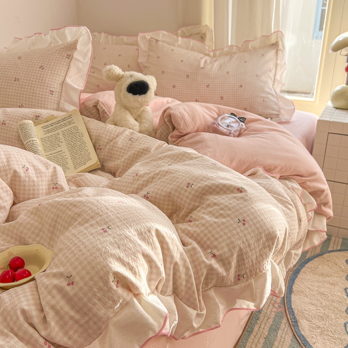 91家纺网 家纺一手货源 找家纺 （总）柒月家居 2026新款小清新木棉皱皱纱花边款四件套