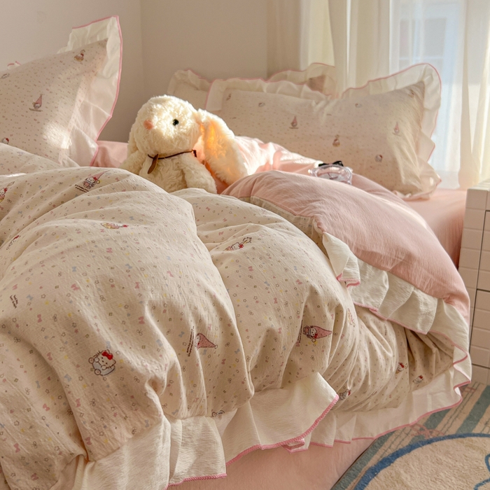 91家纺网 家纺一手货源 找家纺 （总）柒月家居 2026新款小清新木棉皱皱纱花边款四件套