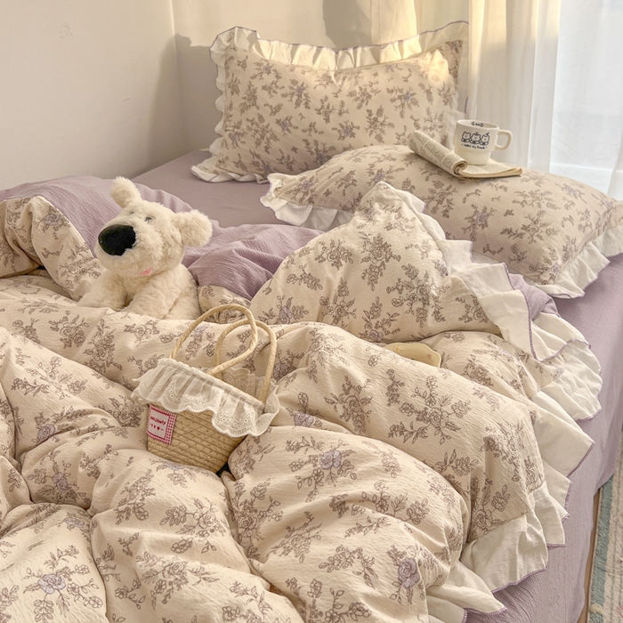 91家纺网 家纺一手货源 找家纺 柒月家居 2026新款小清新木棉皱皱纱花边款四件套 春意紫