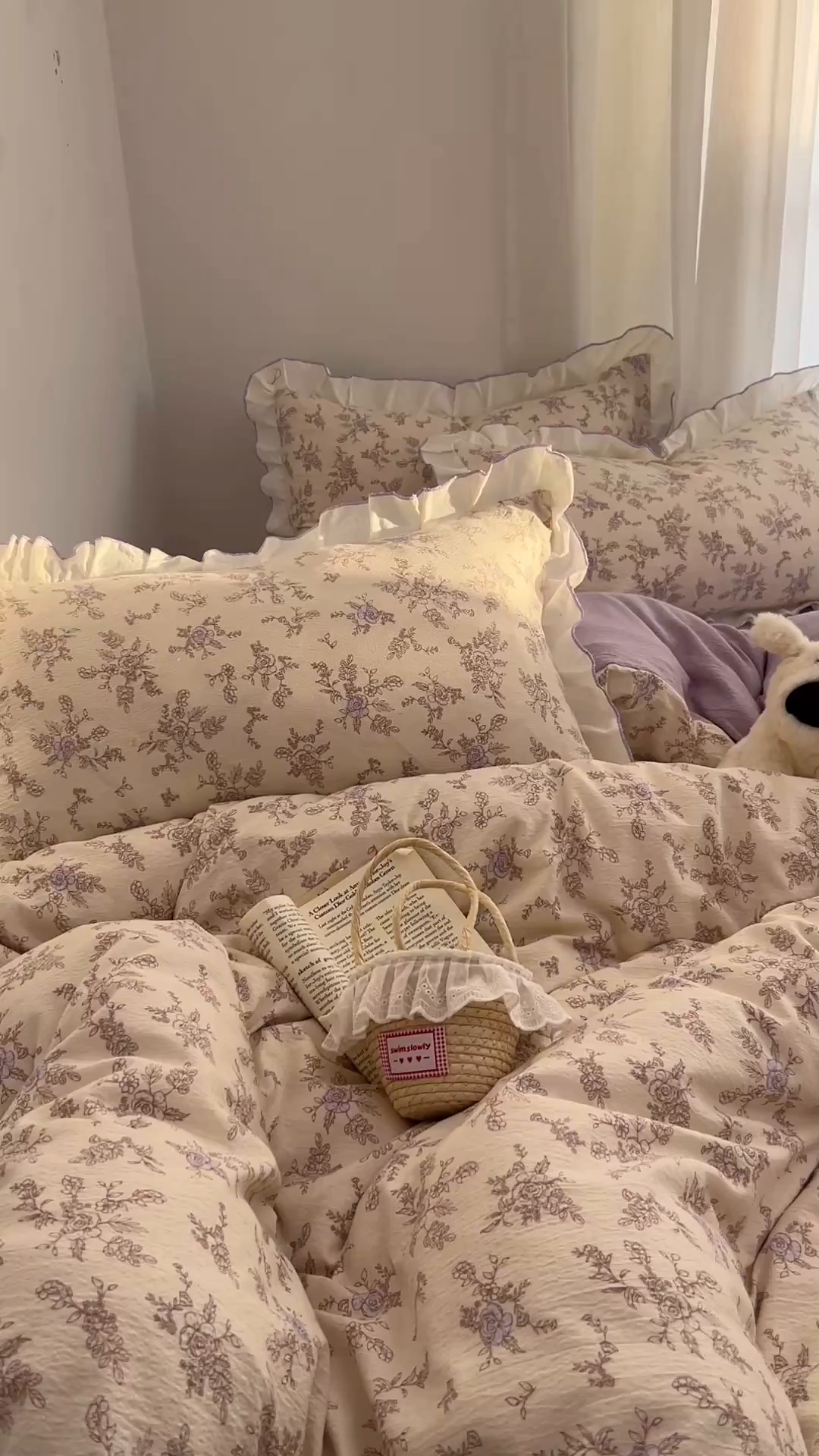 91家纺网 家纺一手货源 找家纺 柒月家居 2026新款小清新木棉皱皱纱花边款四件套 春意紫