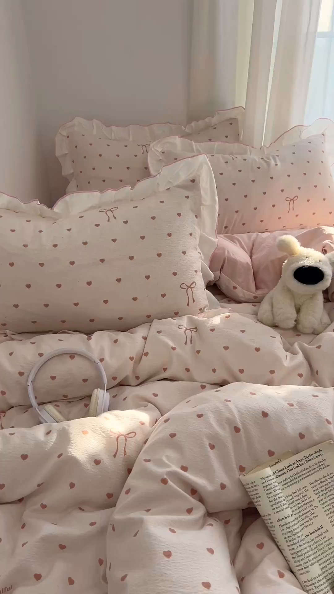 91家纺网 家纺一手货源 找家纺 柒月家居 2026新款小清新木棉皱皱纱花边款四件套 爱心飘飘