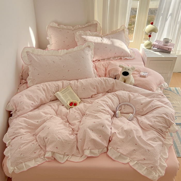 91家纺网 家纺一手货源 找家纺 柒月家居 2026新款小清新木棉皱皱纱花边款四件套 豹纹粉