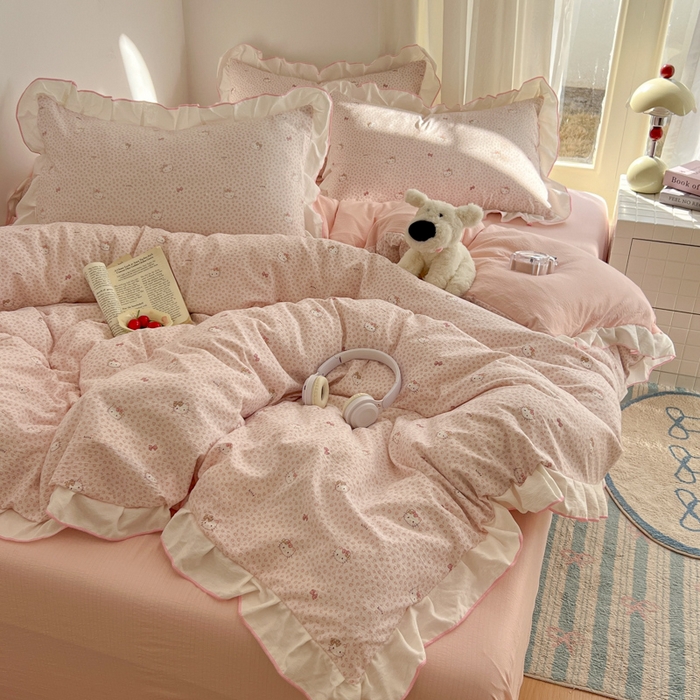 91家纺网 家纺一手货源 找家纺 柒月家居 2026新款小清新木棉皱皱纱花边款四件套 豹纹粉