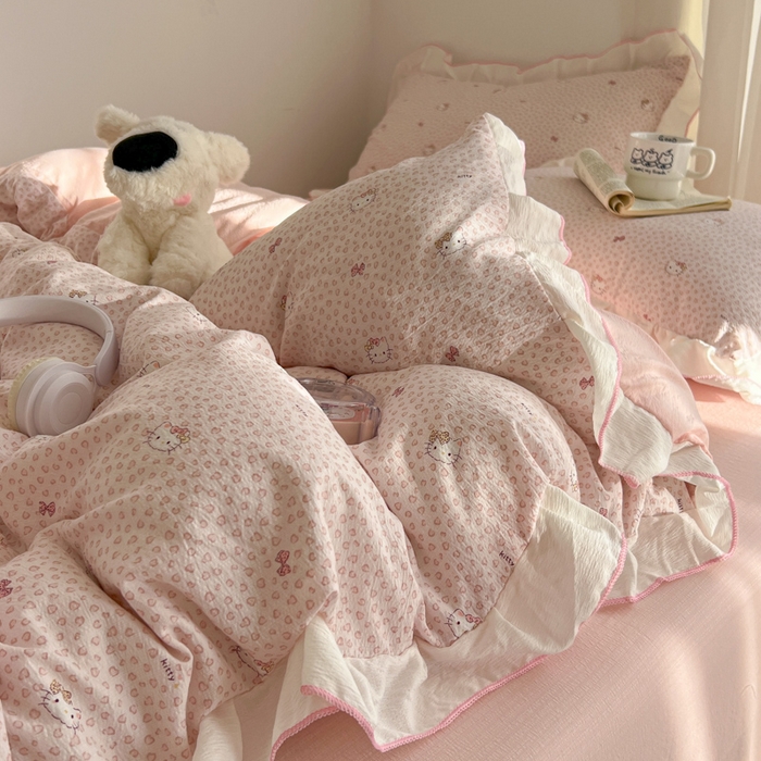 91家纺网 家纺一手货源 找家纺 柒月家居 2026新款小清新木棉皱皱纱花边款四件套 豹纹粉