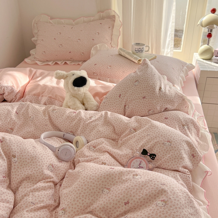 91家纺网 家纺一手货源 找家纺 柒月家居 2026新款小清新木棉皱皱纱花边款四件套 豹纹粉