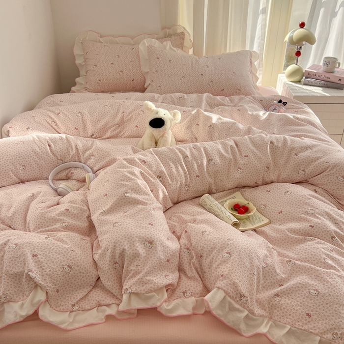 91家纺网 家纺一手货源 找家纺 柒月家居 2026新款小清新木棉皱皱纱花边款四件套 豹纹粉