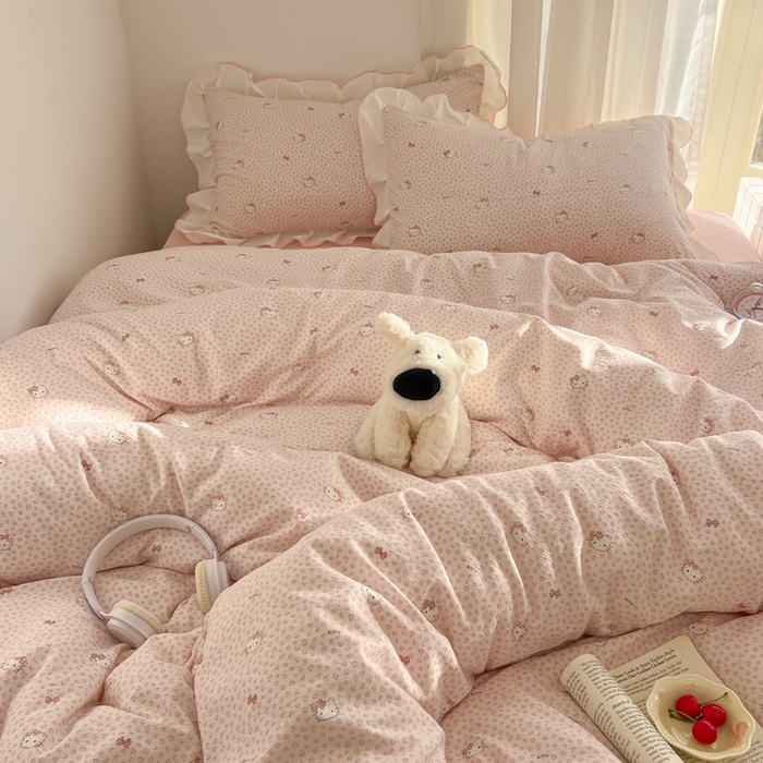 91家纺网 家纺一手货源 找家纺 柒月家居 2026新款小清新木棉皱皱纱花边款四件套 豹纹粉