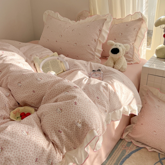 91家纺网 家纺一手货源 找家纺 柒月家居 2026新款小清新木棉皱皱纱花边款四件套 豹纹粉