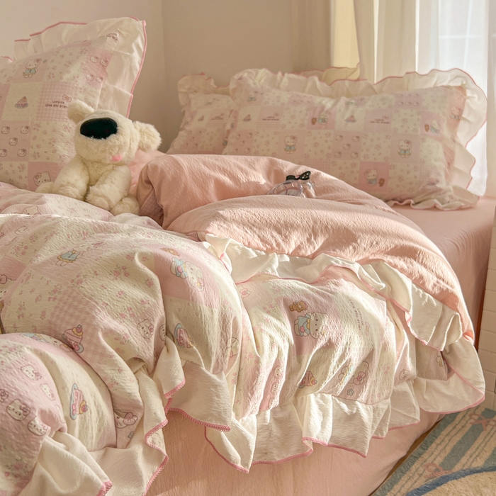 柒月家居 2026新款小清新木棉皱皱纱花边款四件套 粉格猫咪