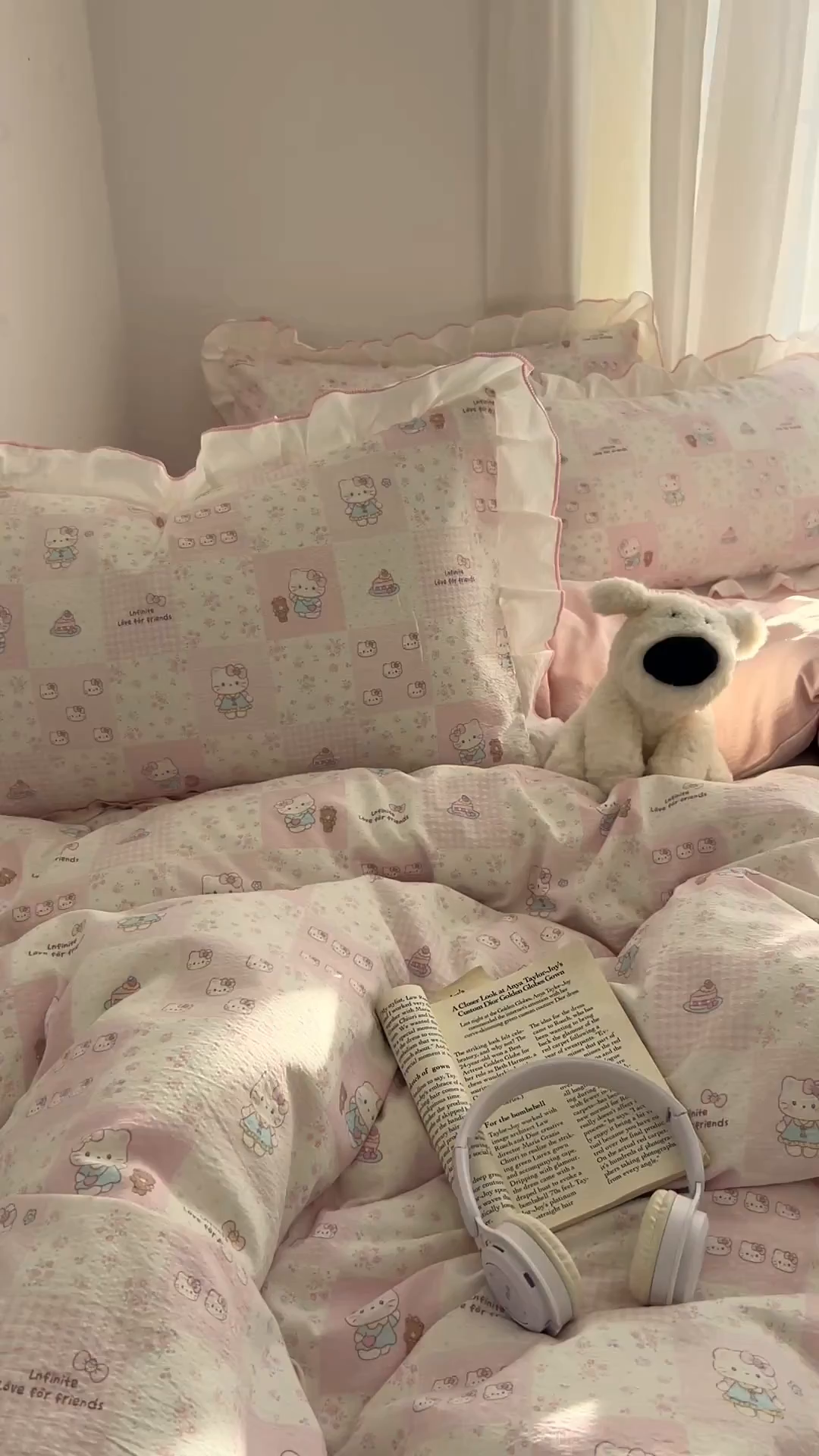 91家纺网 家纺一手货源 找家纺 柒月家居 2026新款小清新木棉皱皱纱花边款四件套 粉格猫咪