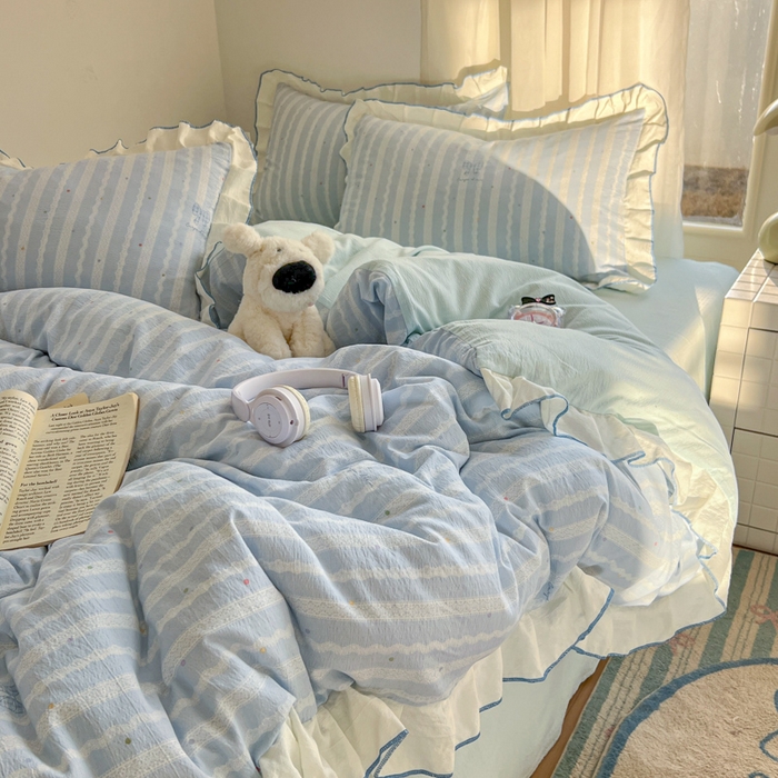 柒月家居 2026新款小清新木棉皱皱纱花边款四件套 蝴蝶结蓝