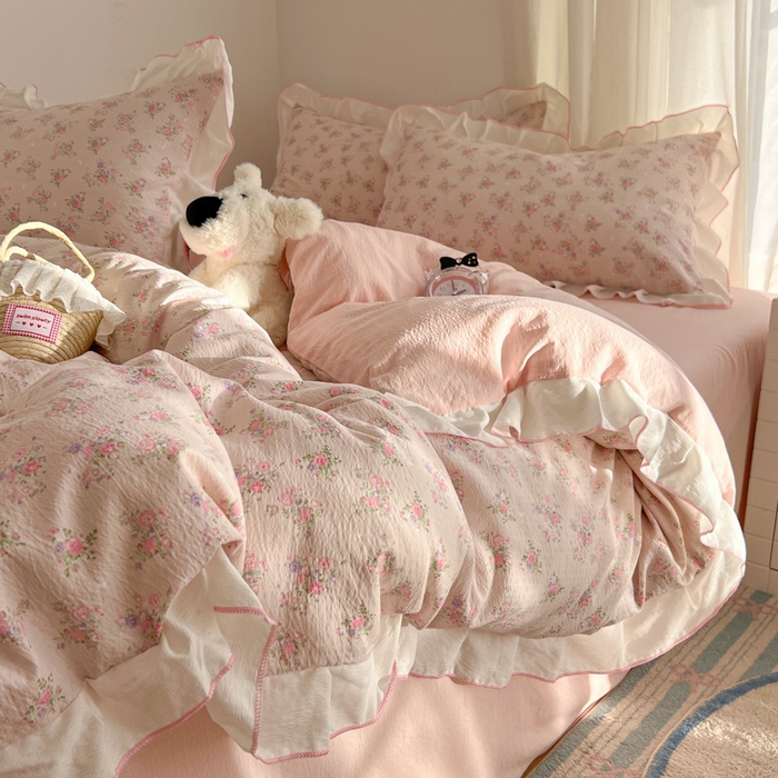 柒月家居 2026新款小清新木棉皱皱纱花边款四件套 花田梦