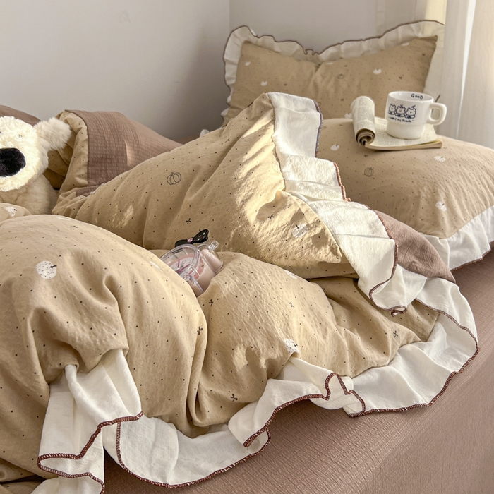 柒月家居 2026新款小清新木棉皱皱纱花边款四件套 南瓜贝贝