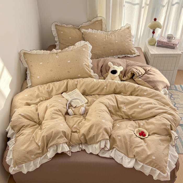 91家纺网 家纺一手货源 找家纺 柒月家居 2026新款小清新木棉皱皱纱花边款四件套 南瓜贝贝