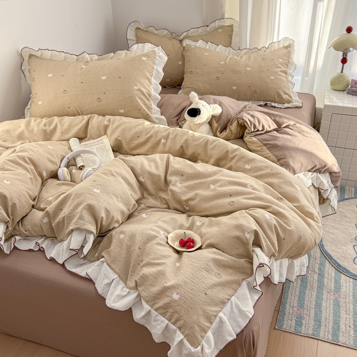 91家纺网 家纺一手货源 找家纺 柒月家居 2026新款小清新木棉皱皱纱花边款四件套 南瓜贝贝