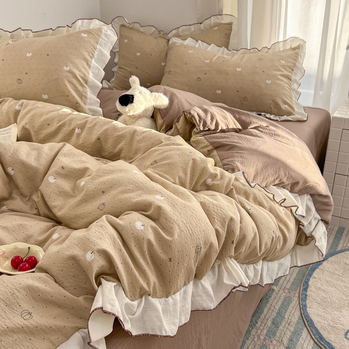 91家纺网 家纺一手货源 找家纺 柒月家居 2026新款小清新木棉皱皱纱花边款四件套 南瓜贝贝