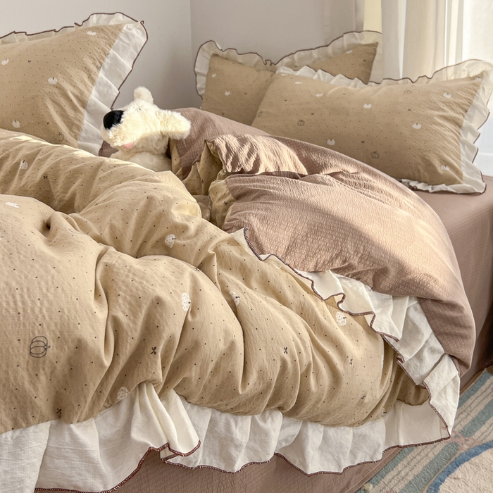 91家纺网 家纺一手货源 找家纺 柒月家居 2026新款小清新木棉皱皱纱花边款四件套 南瓜贝贝