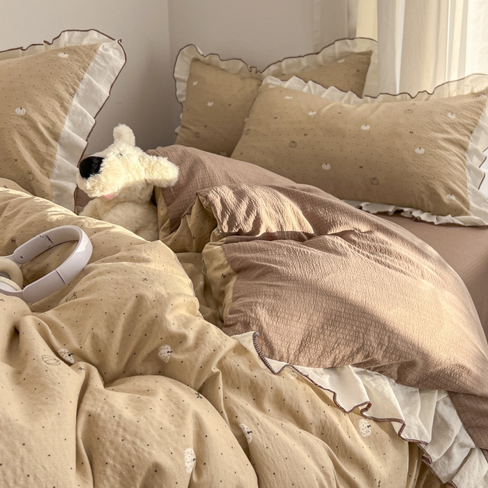 91家纺网 家纺一手货源 找家纺 柒月家居 2026新款小清新木棉皱皱纱花边款四件套 南瓜贝贝