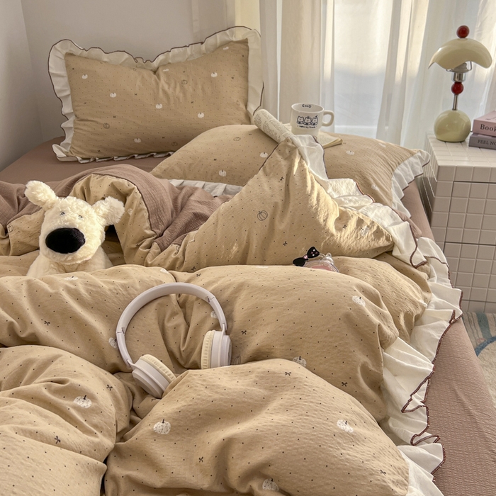 91家纺网 家纺一手货源 找家纺 柒月家居 2026新款小清新木棉皱皱纱花边款四件套 南瓜贝贝