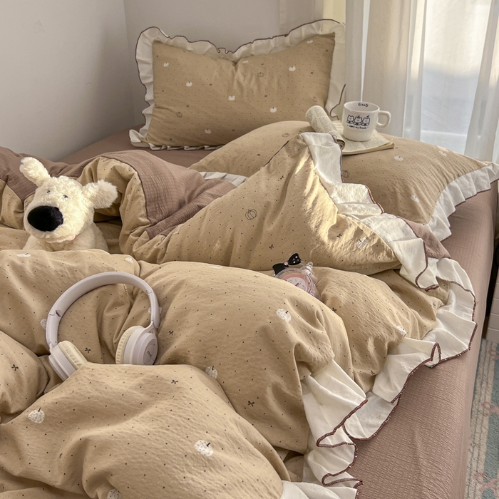 91家纺网 家纺一手货源 找家纺 柒月家居 2026新款小清新木棉皱皱纱花边款四件套 南瓜贝贝