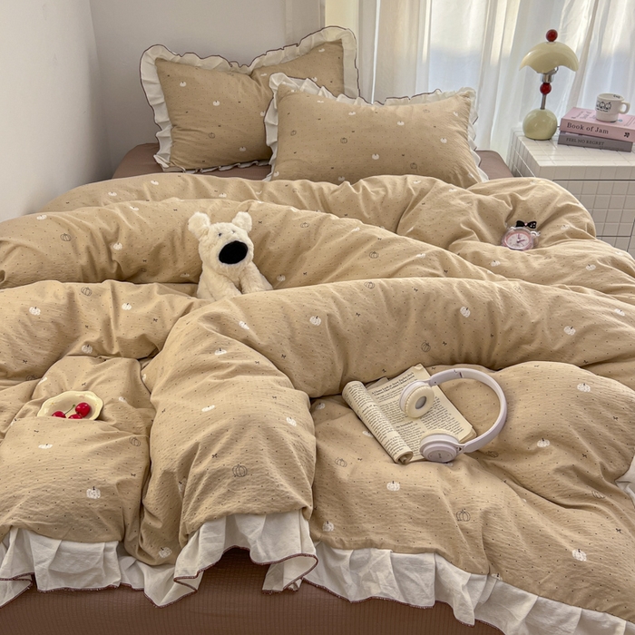 91家纺网 家纺一手货源 找家纺 柒月家居 2026新款小清新木棉皱皱纱花边款四件套 南瓜贝贝