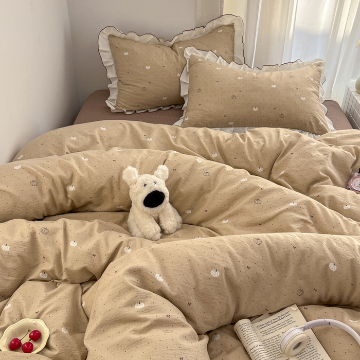 91家纺网 家纺一手货源 找家纺 柒月家居 2026新款小清新木棉皱皱纱花边款四件套 南瓜贝贝