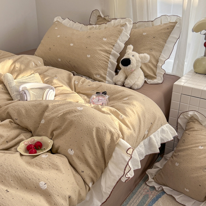 91家纺网 家纺一手货源 找家纺 柒月家居 2026新款小清新木棉皱皱纱花边款四件套 南瓜贝贝