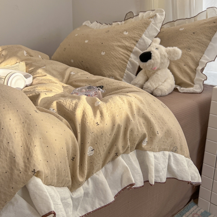 91家纺网 家纺一手货源 找家纺 柒月家居 2026新款小清新木棉皱皱纱花边款四件套 南瓜贝贝