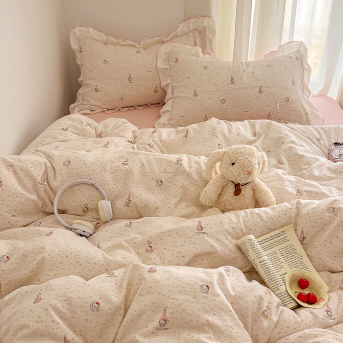 91家纺网 家纺一手货源 找家纺 柒月家居 2026新款小清新木棉皱皱纱花边款四件套 幸运猫咪