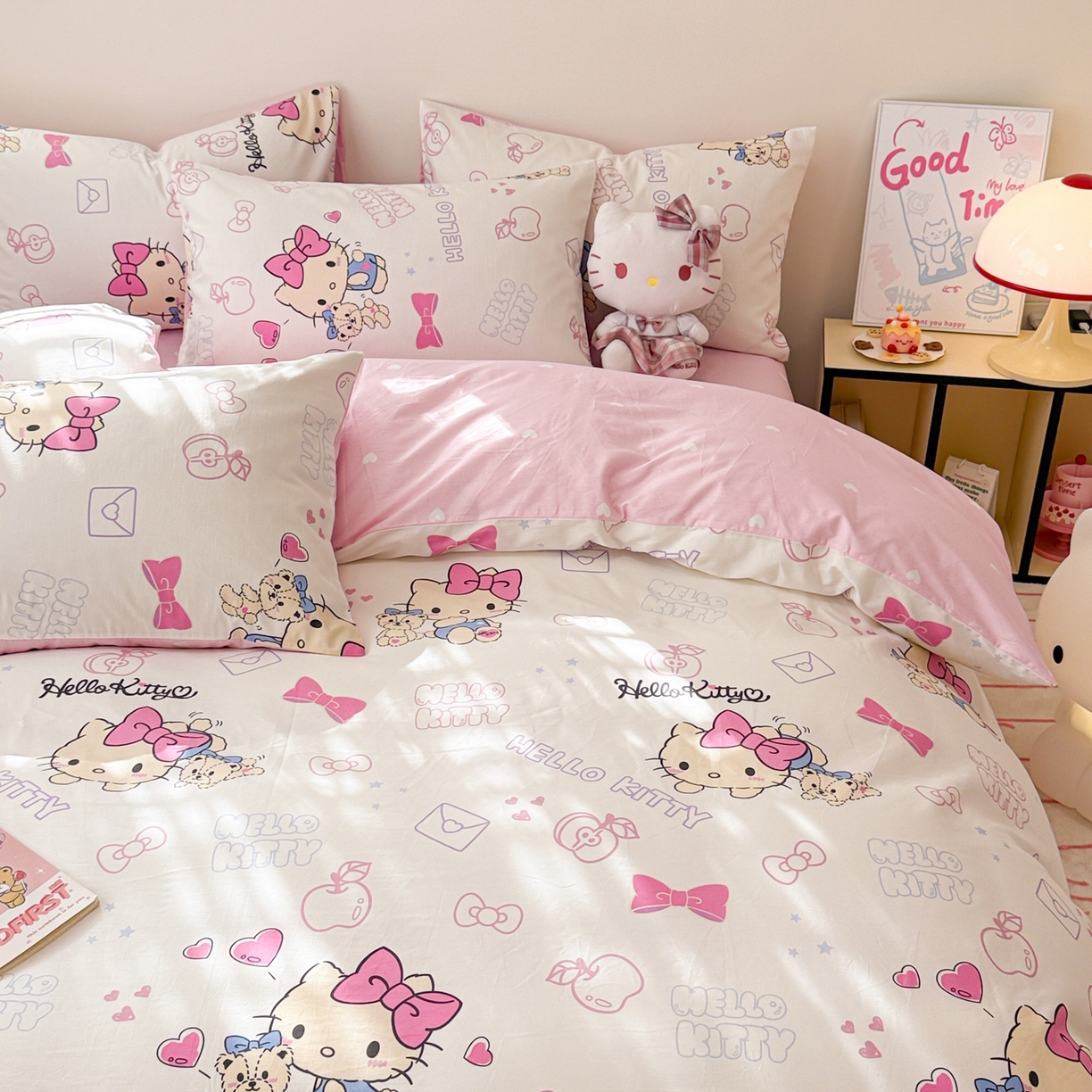 简宜家居（朝初家纺） 2026新款40支100%纯棉全棉13070斜纹四件套-三丽鸥卡通系列 凯蒂猫