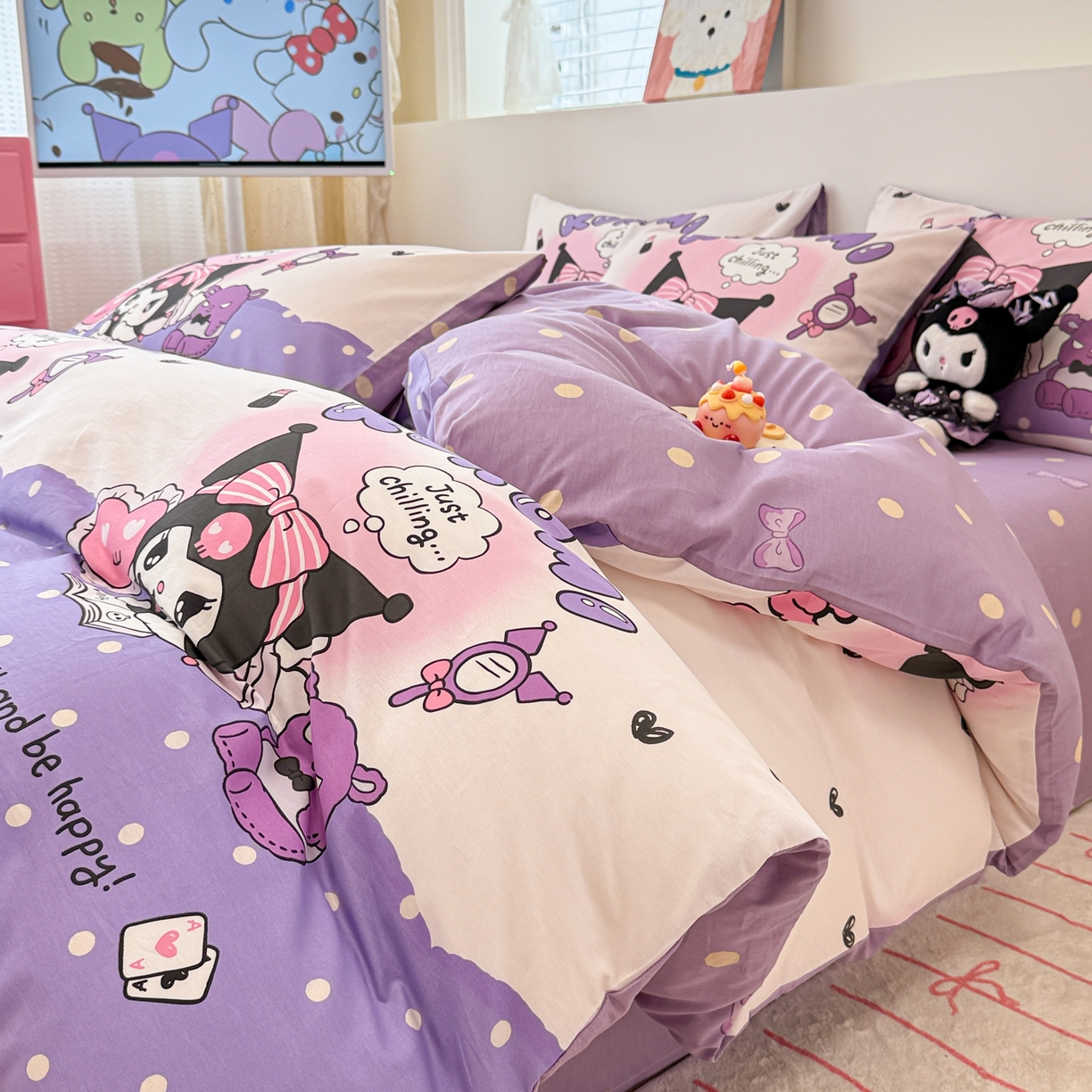 91家纺网 家纺一手货源 找家纺 简宜家居（朝初家纺） 2026新款40支100%纯棉全棉13070斜纹四件套-三丽鸥卡通系列 库洛米紫
