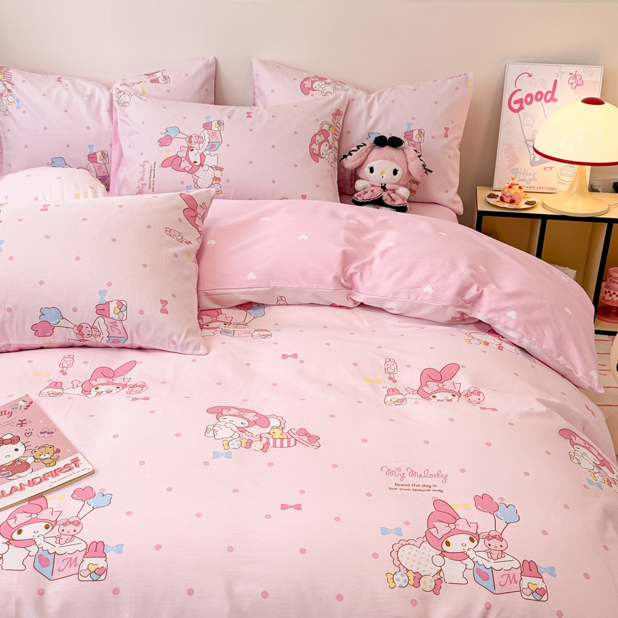 简宜家居（朝初家纺） 2026新款40支100%纯棉全棉13070斜纹四件套-三丽鸥卡通系列 快乐美乐蒂