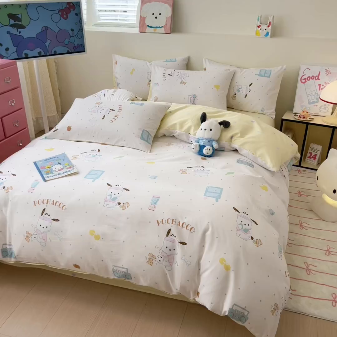 91家纺网 家纺一手货源 找家纺 简宜家居（朝初家纺） 2026新款40支100%纯棉全棉13070斜纹四件套-三丽鸥卡通系列 帕恰狗